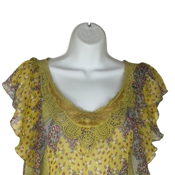 Isabella Rodriguez Yellow Floral Lace Ruffled Short Sleeve Blouse Top Small - Picture 4 of 11